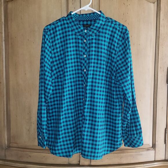 Talbots Button Down Shirt Long Sleeve Collared 100% Cotton Plaid Blue Green XL - Picture 1 of 9